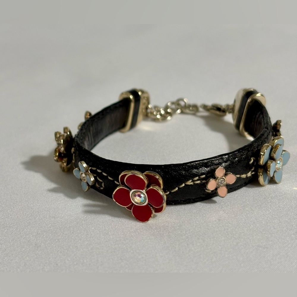 Vintage Brighton black leather and enamel flowers bracelet- lovely - Picture 3 of 7